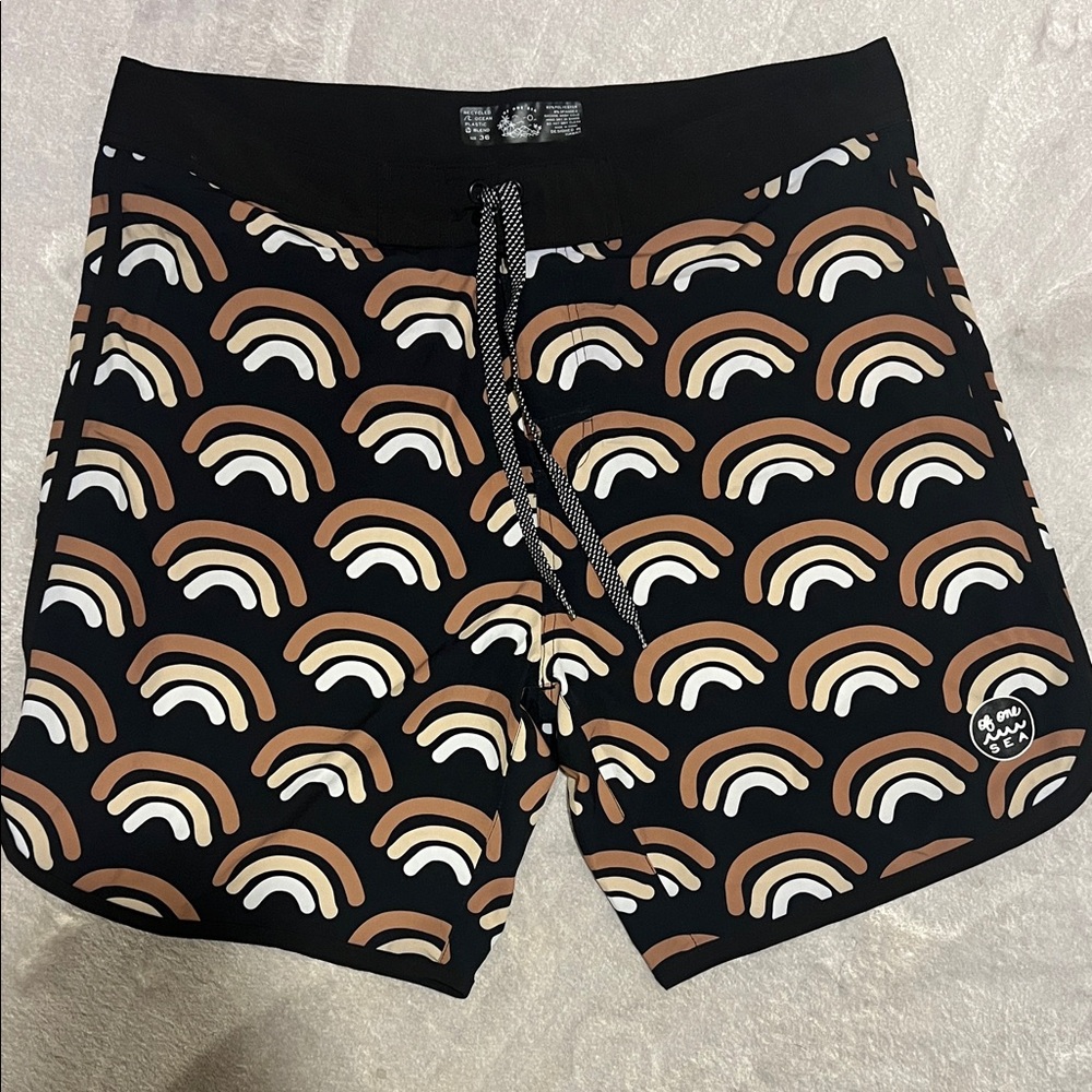 Of One Sea RT: $50 Men's Retro Boardshorts in Lava Rainbow size 36